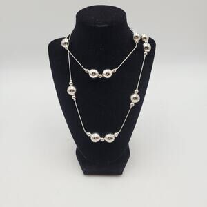 14KGP Necklace Long White Gold Plated Beaded Ball Station Necklace Vtg